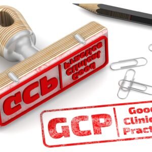 The stamp and red imprint GCP.Good Clinical Practice on a white surface.